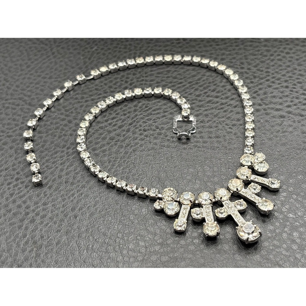 Vintage Eisenberg Ice Rhinestone Bib Collar Choker  Necklace Silver Tone 16"